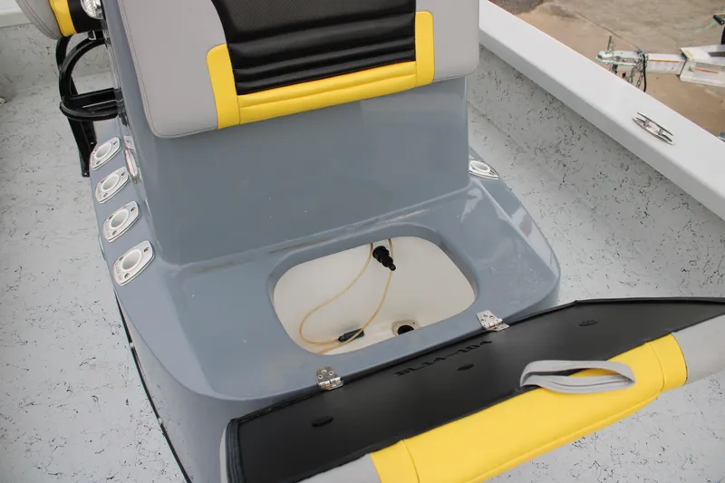 Slide: The Image of Boat seat with storage compartment, Blazer 2420 model, 2017, featuring yellow and gray design. - 17