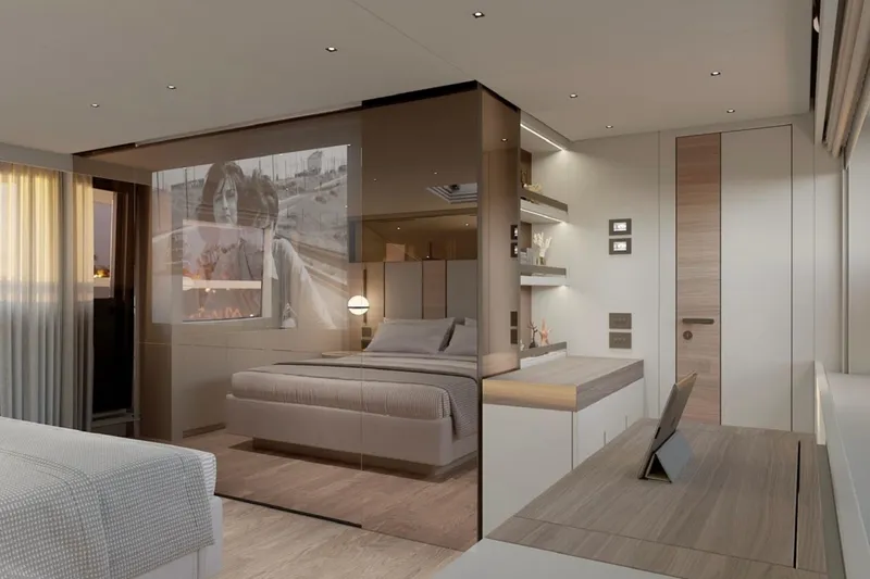 Slide: The Image of Luxurious Sanlorenzo SL90A 2025 yacht interior with modern bedroom and elegant decor. - 10