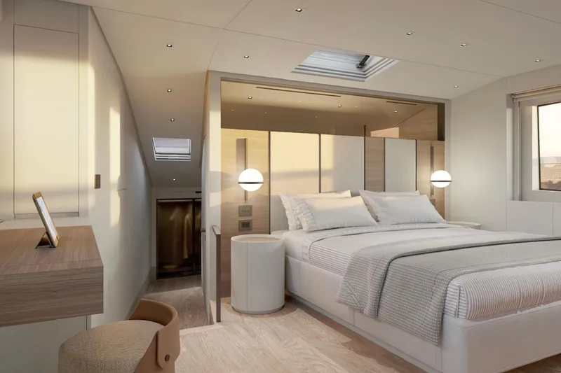 Slide: The Image of Luxurious bedroom interior of 2025 Sanlorenzo SL90A yacht, featuring modern design and elegant furnishings. - 11