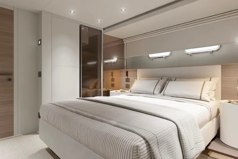 Slide: The Image of Luxurious bedroom interior of 2025 Sanlorenzo SL90A yacht, featuring modern design and elegant bedding. - 13
