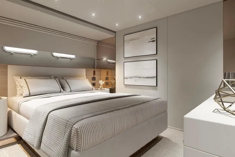 Slide: The Image of Luxurious bedroom interior of 2025 Sanlorenzo SL90A yacht, featuring modern decor and elegant bedding. - 14
