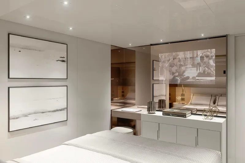 Slide: The Image of Luxurious interior of 2025 Sanlorenzo SL90A yacht with modern decor and ambient lighting. - 15