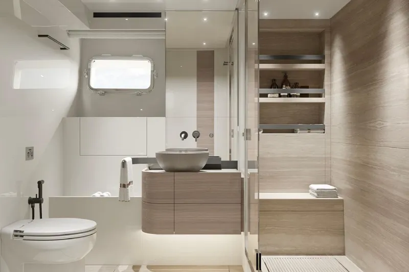 Slide: The Image of Luxurious bathroom interior of 2025 Sanlorenzo SL90A yacht, featuring modern design and elegant fixtures. - 16