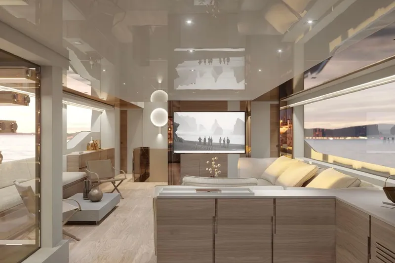 Slide: The Image of Luxurious interior of 2025 Sanlorenzo SL90A yacht with modern design and panoramic windows. - 4