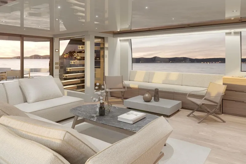Slide: The Image of Luxurious interior of 2025 Sanlorenzo SL90A yacht with elegant seating and panoramic ocean views. - 5
