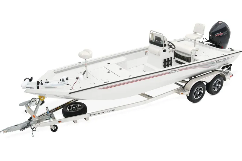 The Image of Manufacturer Provided Image: Manufacturer Provided Image: 2025 Ranger RB210 boat on trailer, white hull, dual-axle, outboard motor, sleek design. - 1