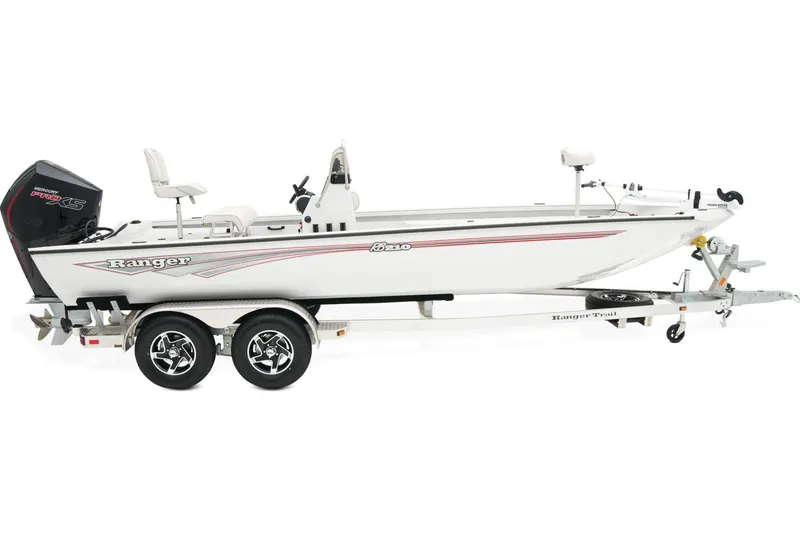Slide: The Image of Manufacturer Provided Image: Manufacturer Provided Image: 2025 Ranger RB210 boat on trailer, side view, white with red accents. - 11