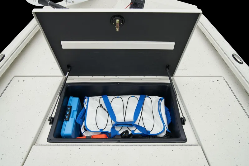 Slide: The Image of Manufacturer Provided Image: Manufacturer Provided Image: Open storage compartment on 2025 Ranger RB210 boat with gear and equipment. - 25