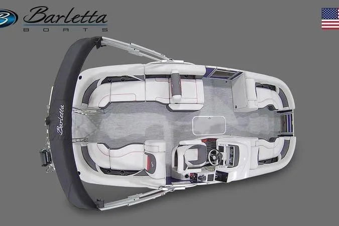 Slide: The Image of 2023 Barletta Corsa 23Q pontoon boat, top view, spacious seating, modern design. - 18