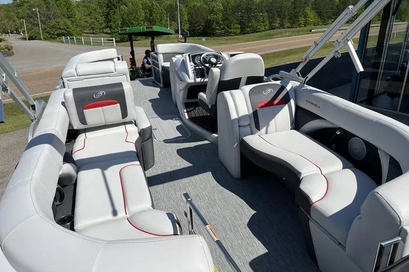 Slide: The Image of 2023 Barletta Corsa 23Q pontoon boat with luxurious seating and modern design. - 6
