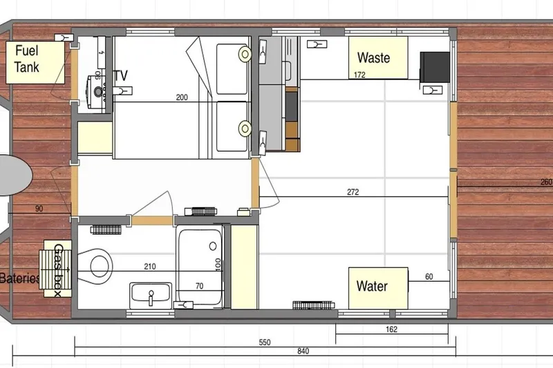 Slide: The Image of Floor plan of 2024 Waterlodge Apart M, featuring labeled sections for fuel, waste, and water. - 44