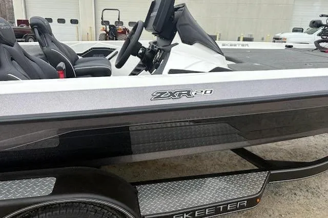 Slide: The Image of 2023 Skeeter ZXR20 boat with sleek design and modern features, parked on a trailer. - 5