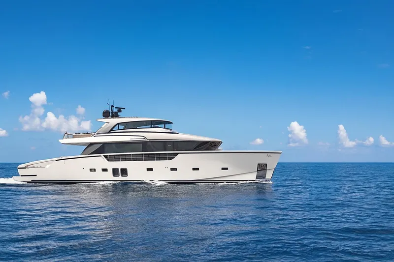 Slide: The Image of 2025 Sanlorenzo SX88 yacht cruising on open sea under clear blue sky. - 0