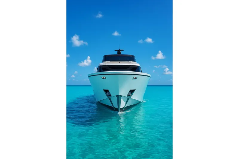 Slide: The Image of Front view of 2025 Sanlorenzo SX88 yacht on clear turquoise water under blue sky. - 1