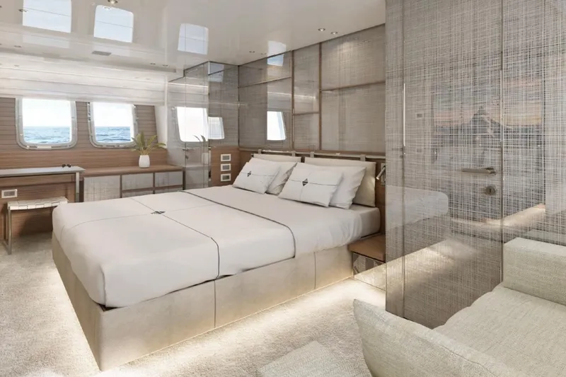 Slide: The Image of Luxurious Sanlorenzo SX88 2025 yacht bedroom with modern design and ocean view windows. - 10