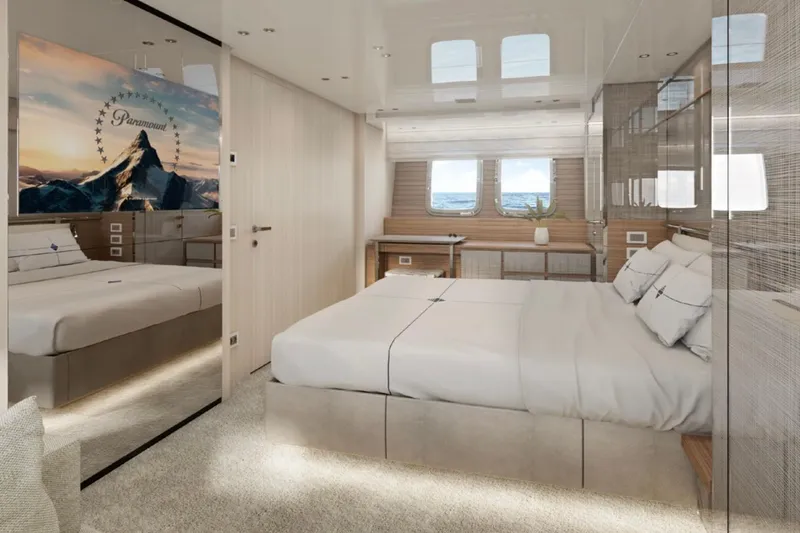 Slide: The Image of Luxurious Sanlorenzo SX88 2025 yacht bedroom with modern decor and ocean view. - 11