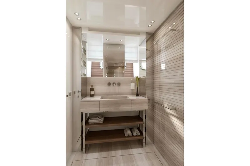 Slide: The Image of Luxurious bathroom interior of 2025 Sanlorenzo SX88 yacht with modern fixtures and elegant design. - 12
