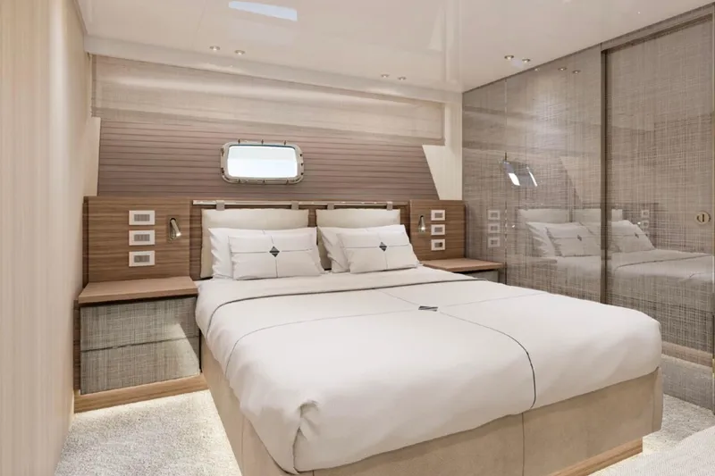 Slide: The Image of Luxurious 2025 Sanlorenzo SX88 yacht bedroom with modern design and elegant furnishings. - 14
