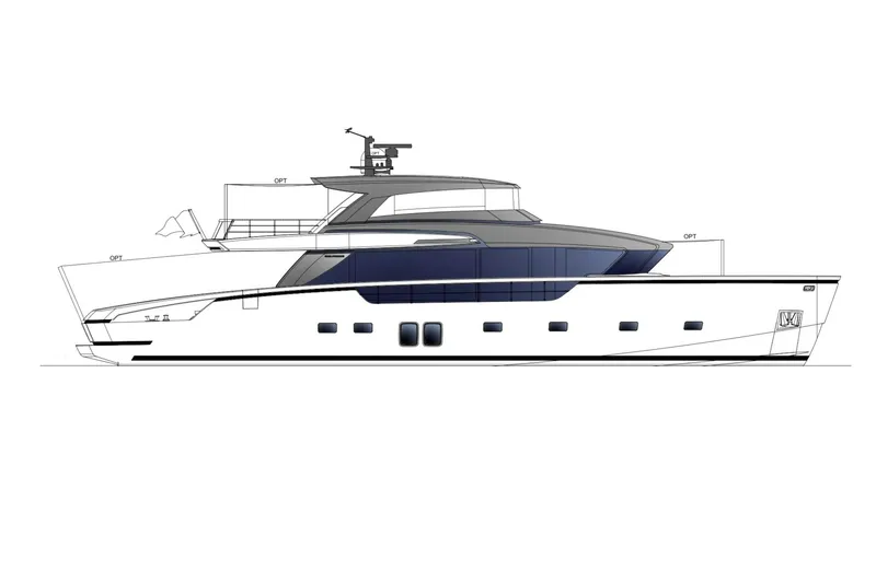 Slide: The Image of Side view of 2025 Sanlorenzo SX88 yacht, sleek design, modern luxury vessel. - 16