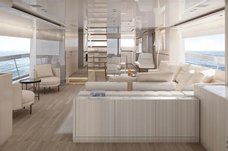 Slide: The Image of Luxurious interior of 2025 Sanlorenzo SX88 yacht with modern furnishings and ocean view. - 3