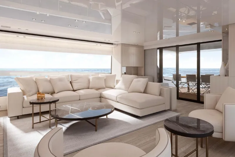 Slide: The Image of Luxurious interior of 2025 Sanlorenzo SX88 yacht with elegant seating and ocean view. - 4