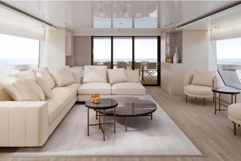 Slide: The Image of Luxurious interior of 2025 Sanlorenzo SX88 yacht with elegant seating and ocean view. - 5