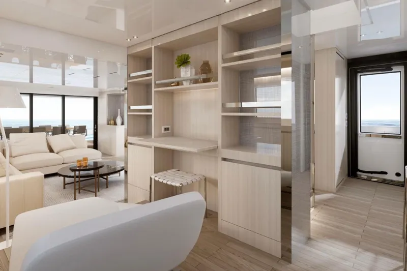 Slide: The Image of Luxurious interior of 2025 Sanlorenzo SX88 yacht with modern furnishings and ocean view. - 6