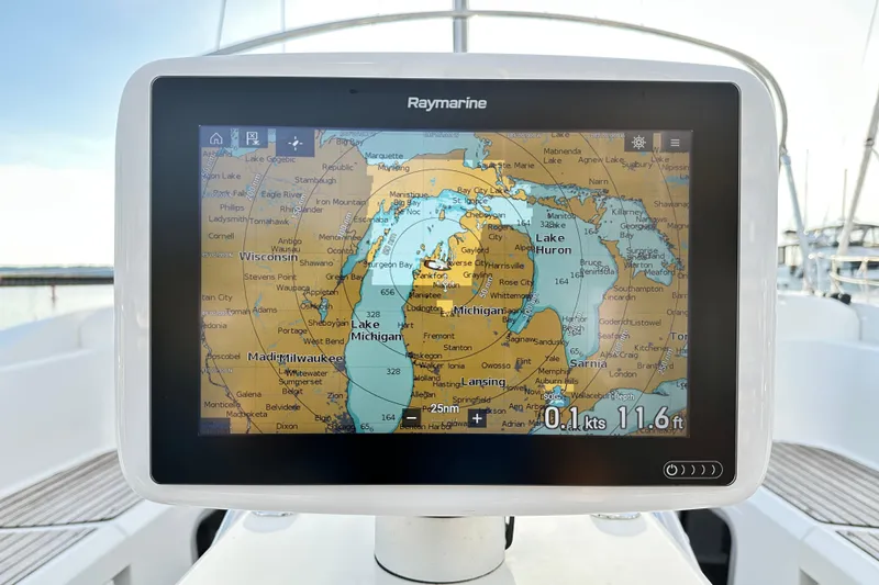 Slide: The Image of Raymarine navigation display on 2015 Jeanneau Sun Odyssey 469, showing Great Lakes map. - 30