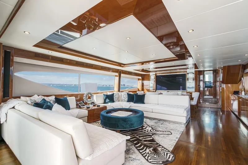 Slide: The Image of Luxurious interior of 2011 Princess 95 Motor Yacht with elegant furnishings and panoramic windows. - 38