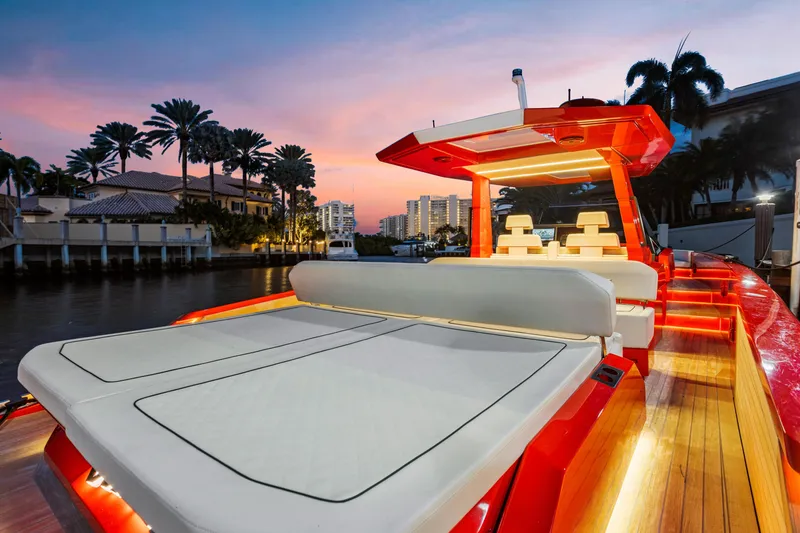 Slide: The Image of Luxurious 2021 Wally 48 yacht at sunset, featuring sleek design and comfortable seating. - 45