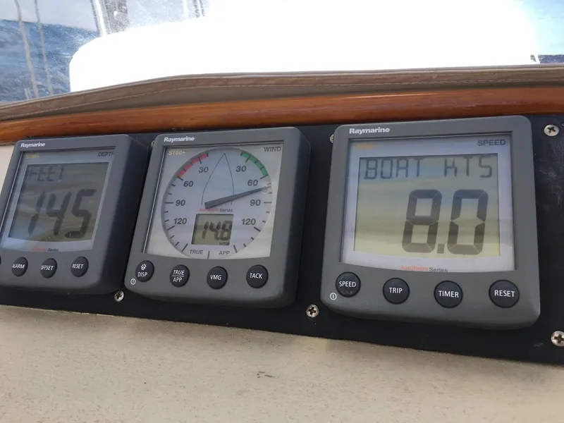 Slide: The Image of Digital navigation instruments on a 1985 Chuck Paine Intrepid 40 Center Cockpit sailboat. - 28