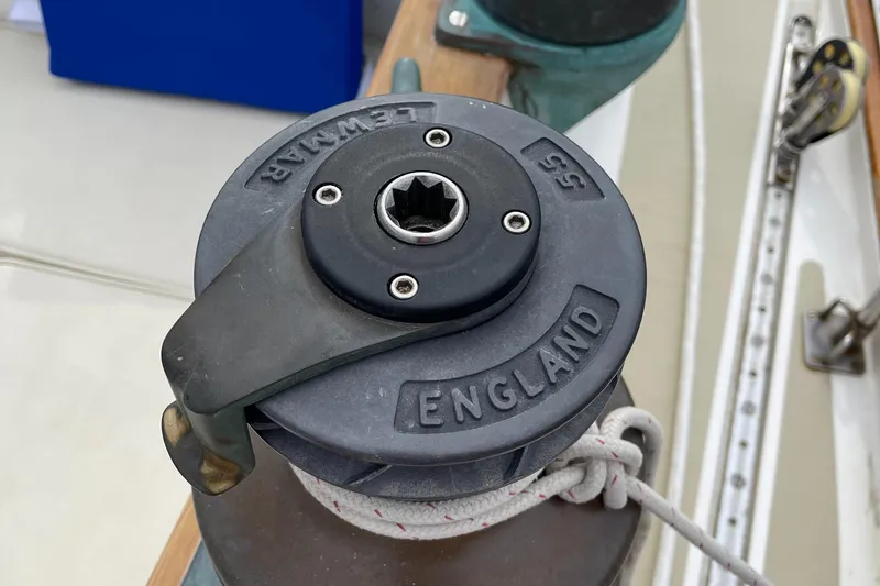 Slide: The Image of Winch on 1985 Chuck Paine Intrepid 40 Center Cockpit sailboat, featuring Lewmar branding. - 30