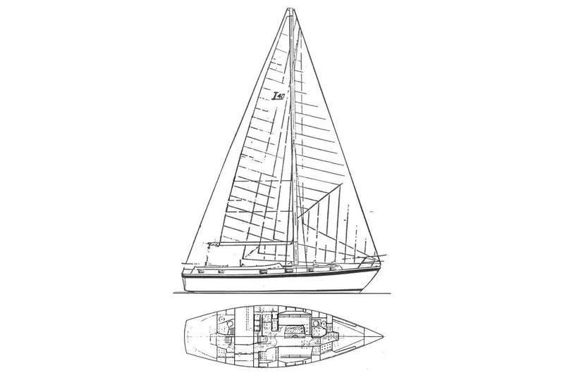 Slide: The Image of Blueprint of 1985 Chuck Paine Intrepid 40 Center Cockpit sailboat, side and top views. - 47