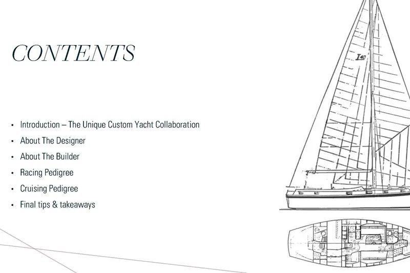 Slide: The Image of Contents page with yacht blueprint, Chuck Paine Intrepid 40 Center Cockpit, 1985 model. - 49