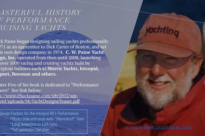 Slide: The Image of Man in red jacket and cap with text about Chuck Paine's yacht design history. - 52