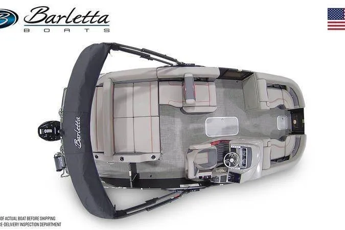Slide: The Image of 2024 Barletta Corsa 23U pontoon boat, top view, showcasing spacious seating and modern design. - 12