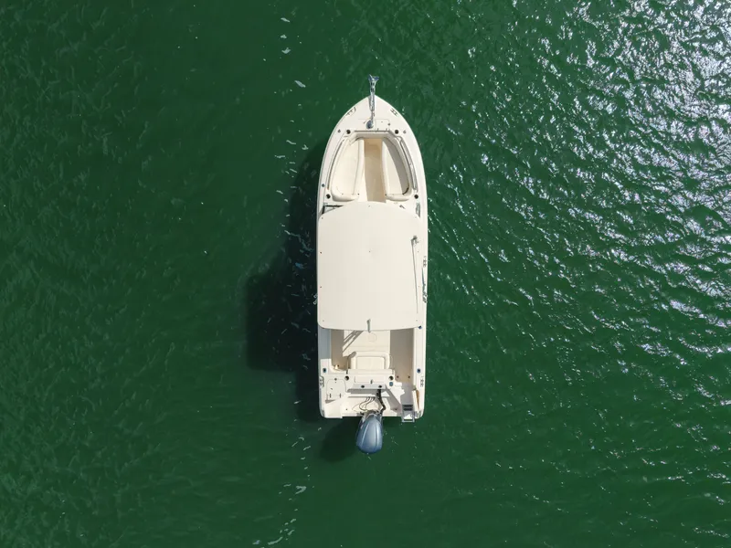 Slide: The Image of Aerial view of 2018 Grady-White Freedom 255 boat on green water. - 14
