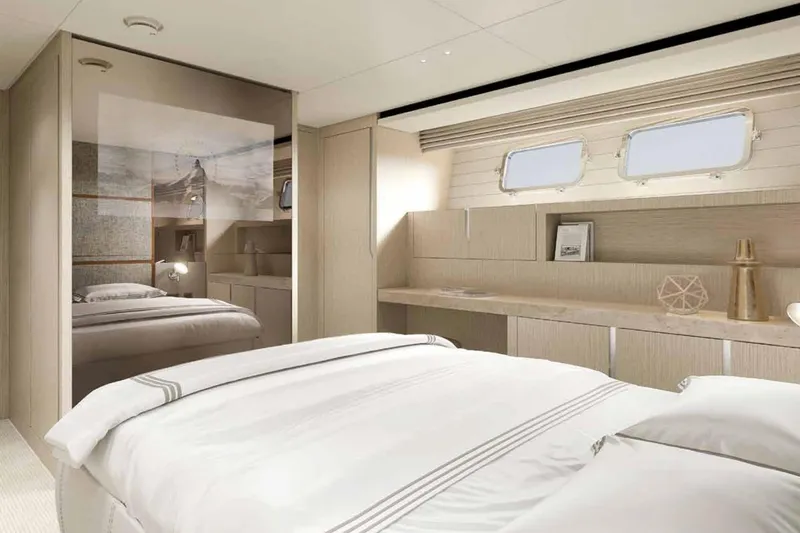 Slide: The Image of Luxurious Sanlorenzo SX100 2026 yacht bedroom with modern decor and natural light. - 13
