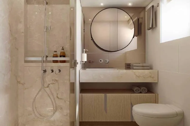 Slide: The Image of Luxurious bathroom in 2026 Sanlorenzo SX100 yacht, featuring elegant marble and modern fixtures. - 14