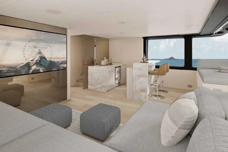 Slide: The Image of Luxurious interior of 2026 Sanlorenzo SX100 yacht with modern decor and ocean view. - 16