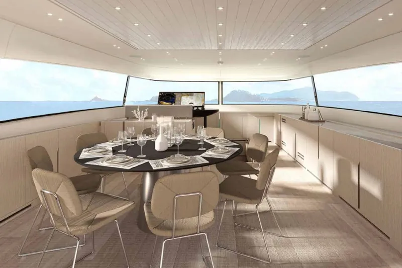 Slide: The Image of Luxurious dining area on 2026 Sanlorenzo SX100 yacht with panoramic ocean views. - 17