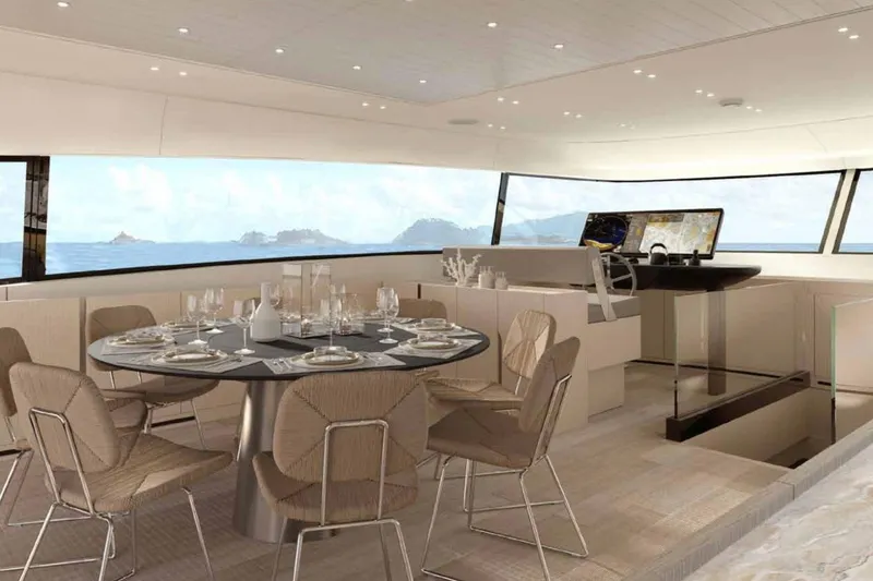 Slide: The Image of Luxurious interior of 2026 Sanlorenzo SX100 yacht with elegant dining area and panoramic views. - 18