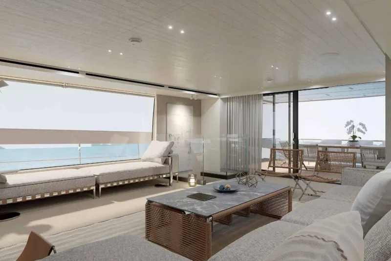 Slide: The Image of Luxurious interior of 2026 Sanlorenzo SX100 yacht with modern furnishings and ocean view. - 5