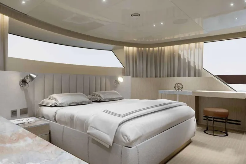 Slide: The Image of Luxurious bedroom interior of 2026 Sanlorenzo SX100 yacht with modern design and elegant furnishings. - 7