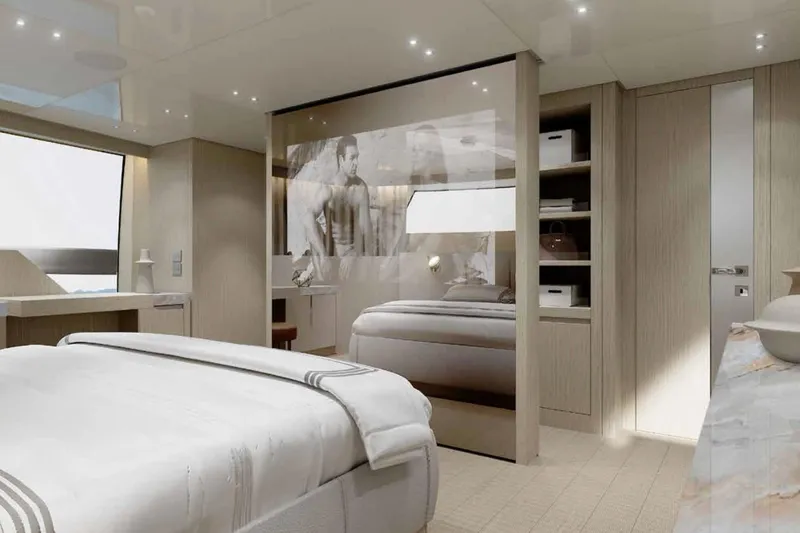 Slide: The Image of Luxurious interior of 2026 Sanlorenzo SX100 yacht with modern bedroom design. - 8