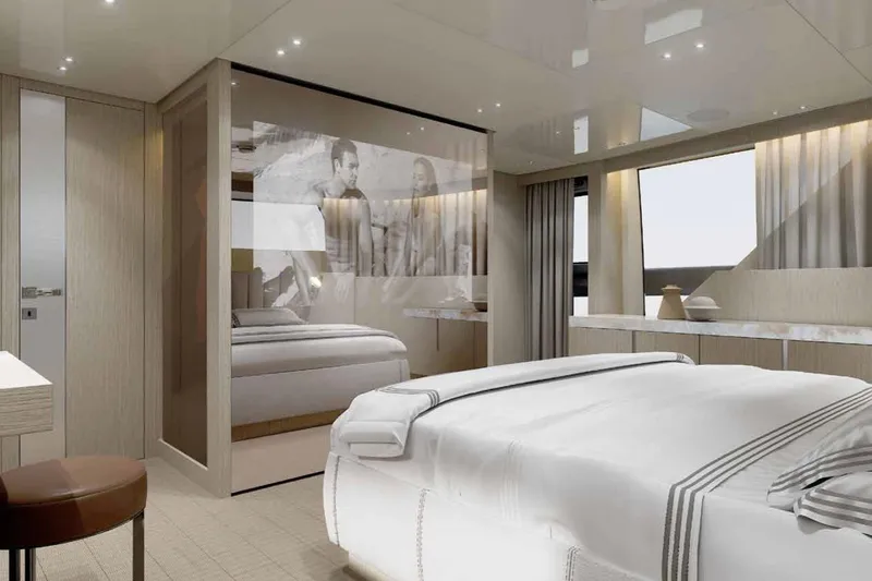 Slide: The Image of Luxurious Sanlorenzo SX100 2026 yacht bedroom with modern decor and elegant furnishings. - 9