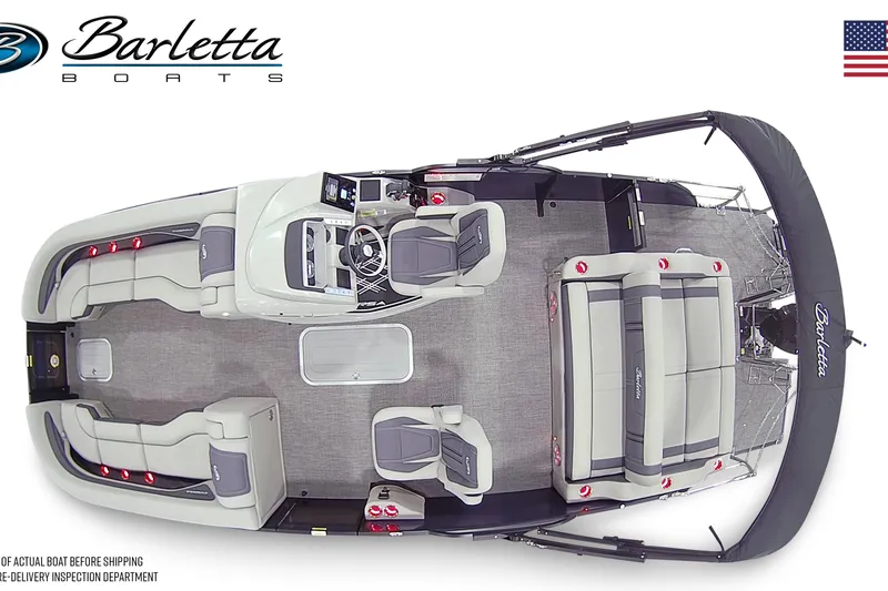 Slide: The Image of Top view of 2025 Barletta CORSA 25UC pontoon boat with spacious seating and modern design. - 10