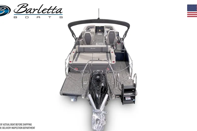 Slide: The Image of 2025 Barletta CORSA 25UC pontoon boat, rear view, showcasing seating and deck layout. - 14