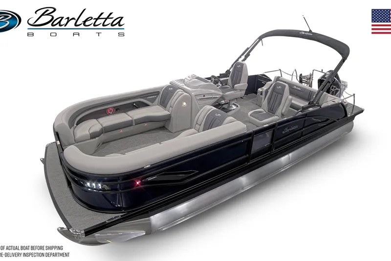 Slide: The Image of 2025 Barletta CORSA 25UC pontoon boat with sleek design and spacious seating. - 17