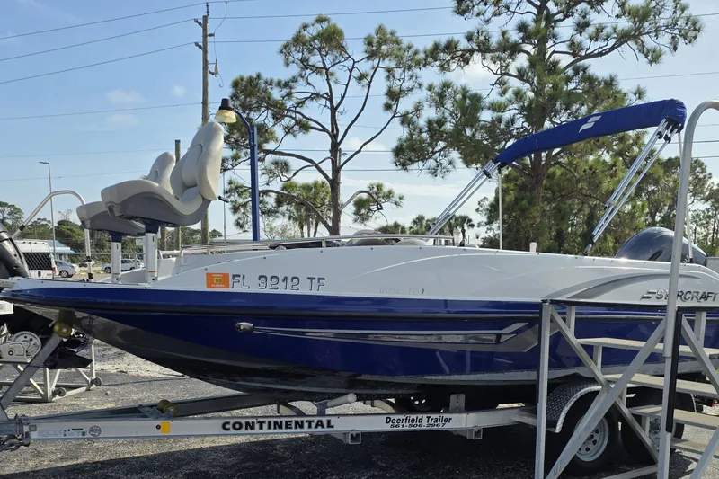 Slide: The Image of 2022 Starcraft MDX 191 E O/B boat on trailer, parked outdoors. - 22